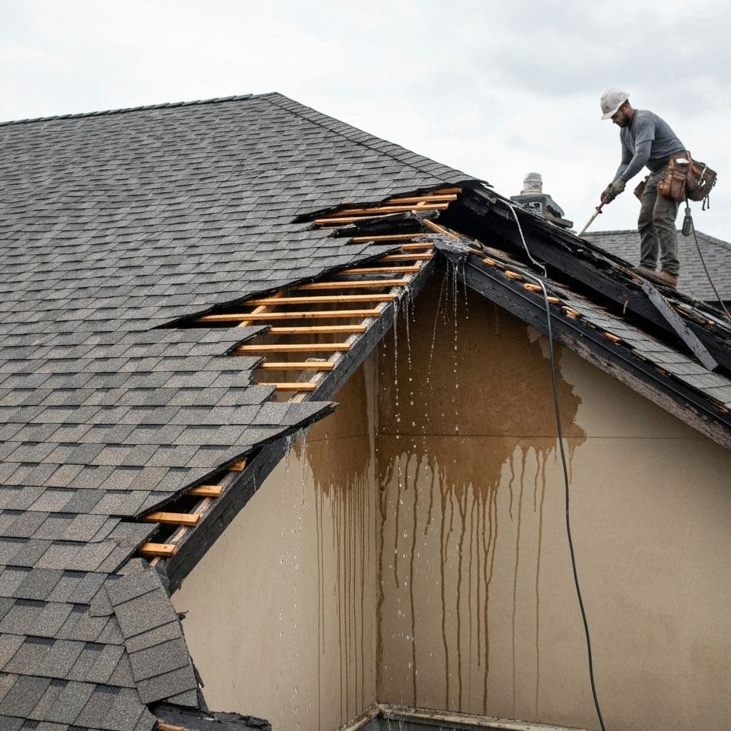 Storm-damaged roof and resulting water damage at a Harker Heights home